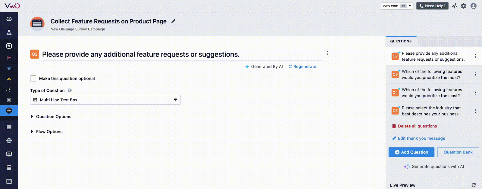 Regenerate survey questions with AI in VWO Insights
