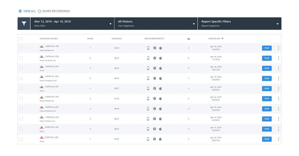 screenshot of all the session recordings of  iPhone users who purchased and are from California.