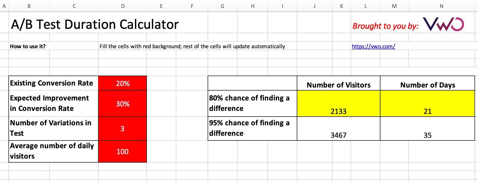 ab test duration calculator excel sheet