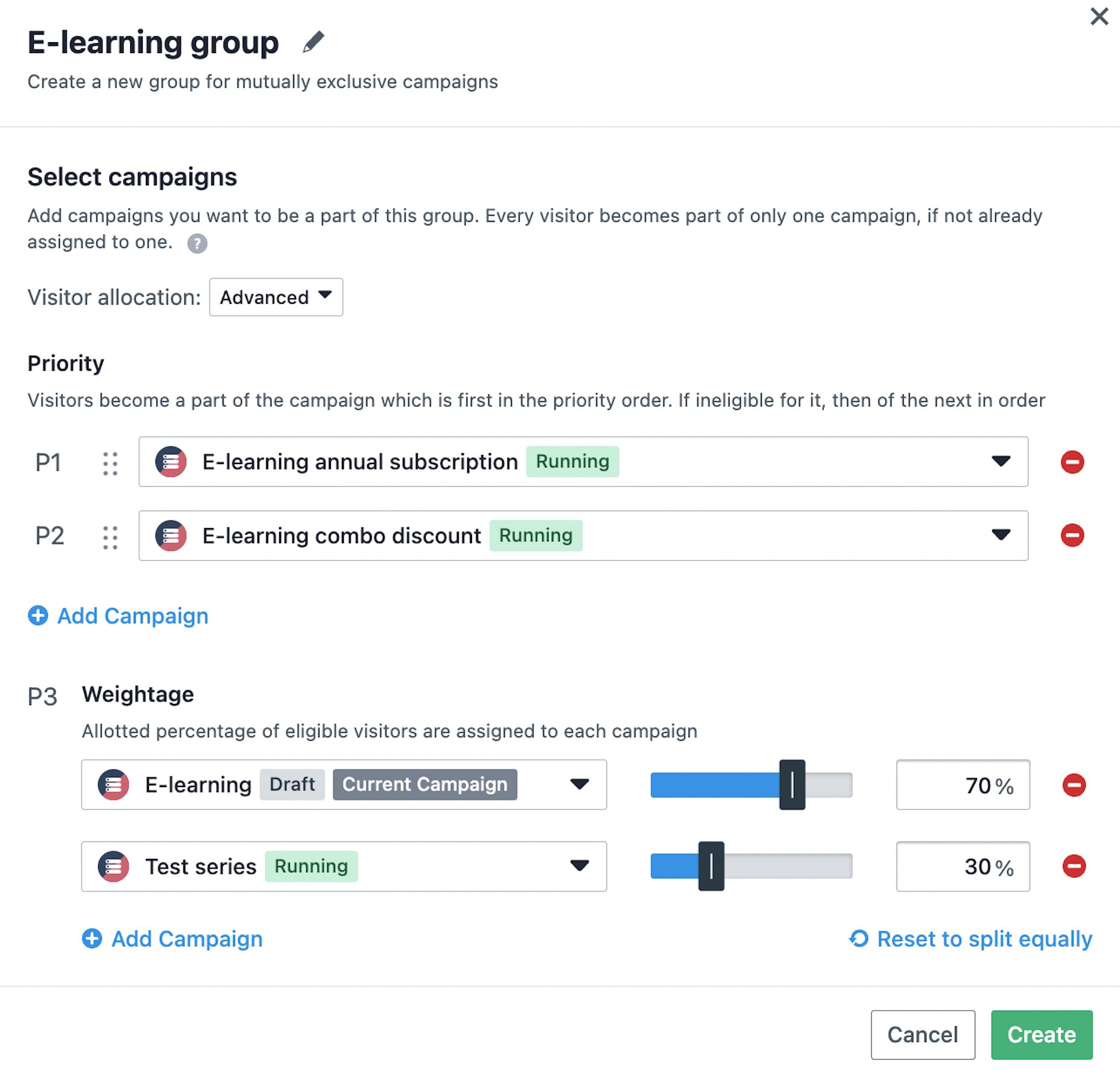 Server side campaigns ordered according to priority and weights