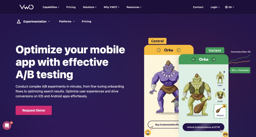 Landing page of VWO Mobile App Testing